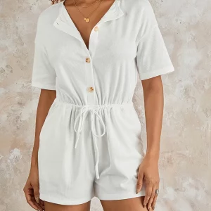 Y2K Summer White Rompers: Casual Button-Down Shorts Playsuit