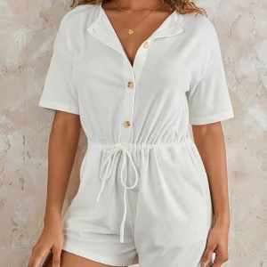 Y2K Summer White Rompers: Casual Button-Down Shorts Playsuit