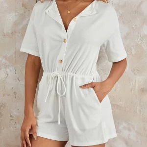 Y2K Summer White Rompers: Casual Button-Down Shorts Playsuit