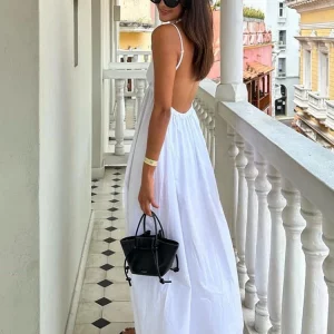 Y2K Summer White Sling Dress - Backless V-Neck Midi Dress