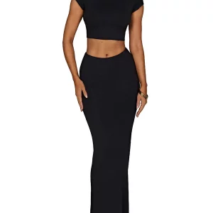 Y2K Summer Women 2 Piece Outfits: Capped Sleeve Top & Elastic Bodycon Skirt