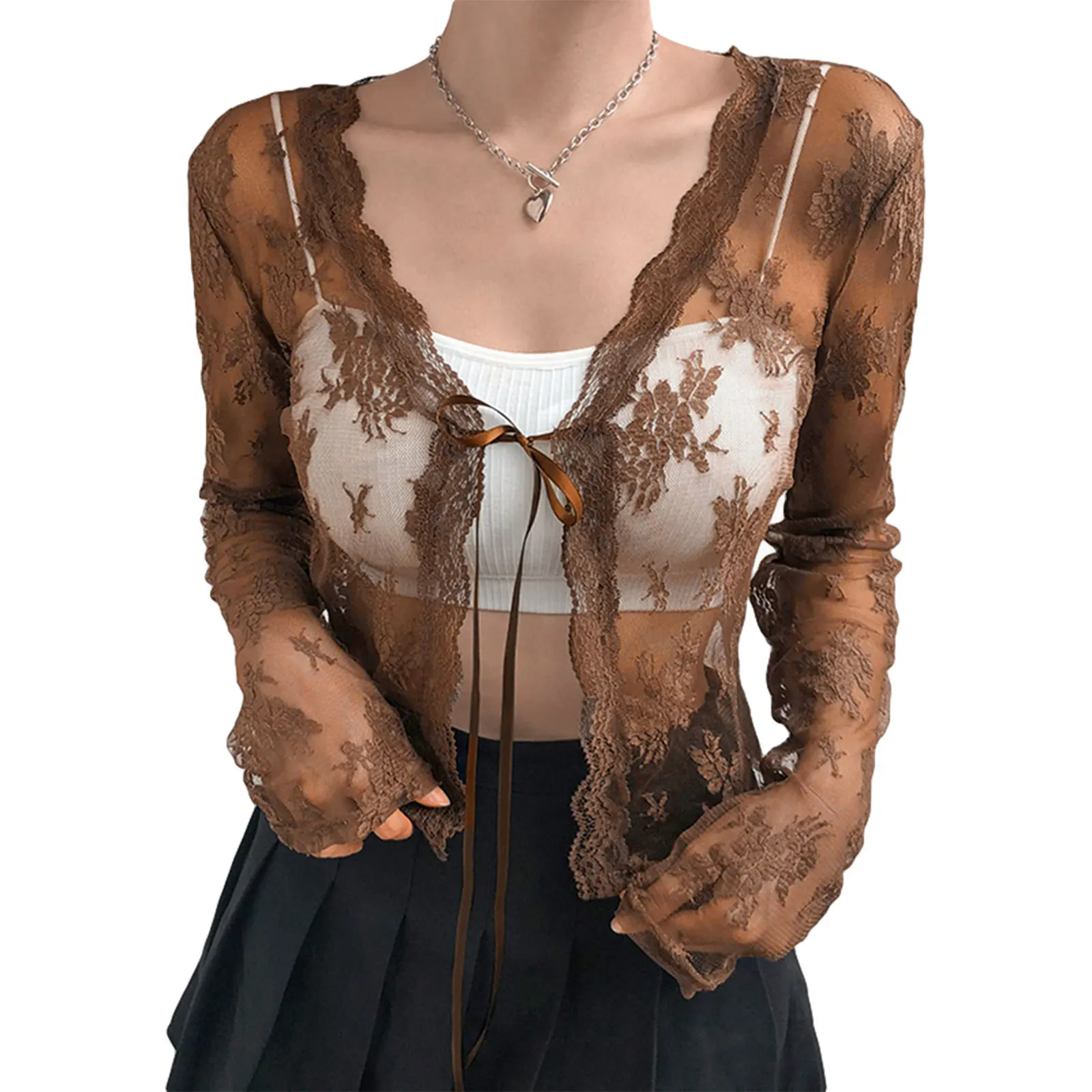 Y2K Summer Women's Sheer Lace Shrug - Sexy Tie-Up Floral Cardigan