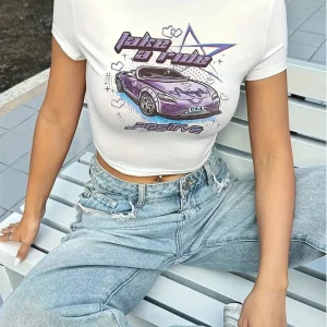 Y2K Summer Women's Short T-Shirt with Retro Sports Car Print