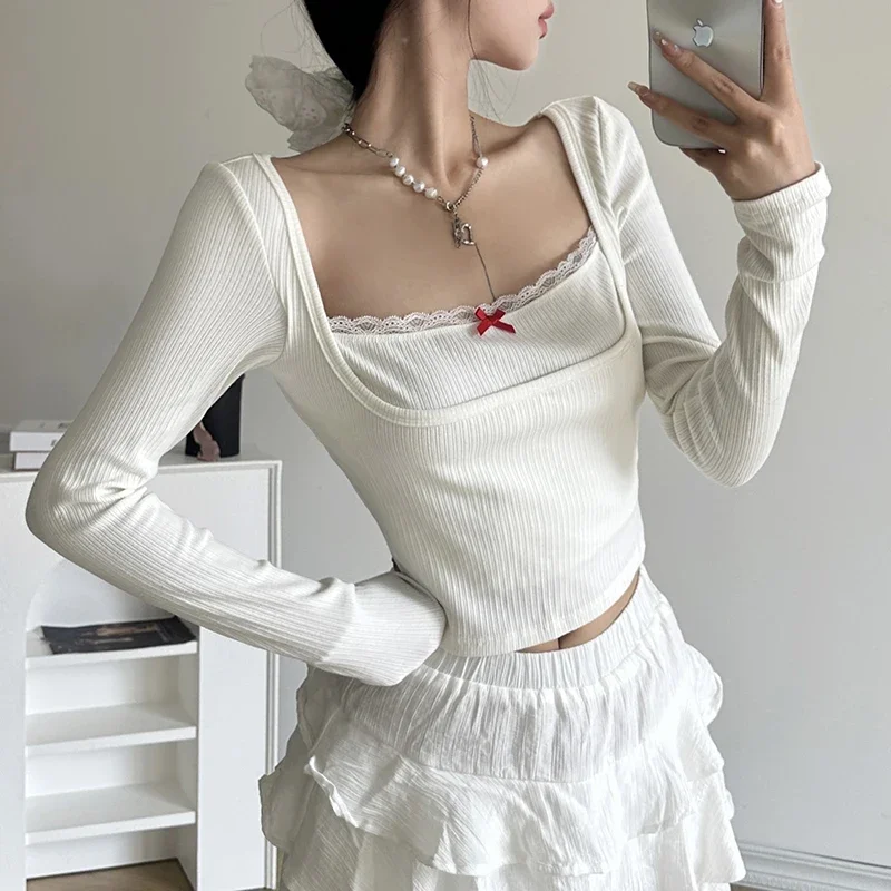 Y2K Sweet Contrast Bow Square Collar White Knitted T-shirt