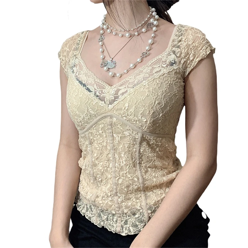 Y2K Sweet Lace Crop Top - V-neck Harajuku Milkmaid Grunge Fashion - Short Sleeves Slim Fit Casual