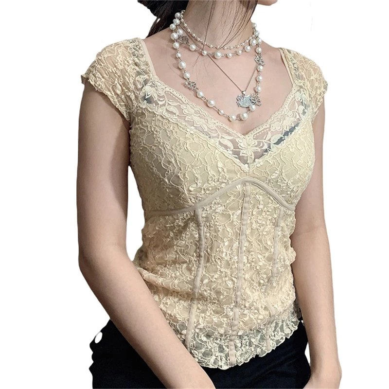 Y2K Sweet Lace Crop Top - V-neck Harajuku Milkmaid Grunge Fashion - Short Sleeves Slim Fit Casual