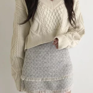 Y2K Sweet Lace-Up Knit Sweater - Sexy Back Irregular V-Neck Loose Fit