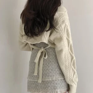 Y2K Sweet Lace-Up Knit Sweater - Sexy Back Irregular V-Neck Loose Fit