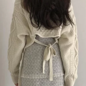 Y2K Sweet Lace-Up Knit Sweater - Sexy Back Irregular V-Neck Loose Fit