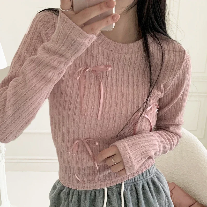 Y2K Sweet Multi Bows Knitted Top - Pink & White Casual Slim-fit - Korean Style Kawaii Knitwear