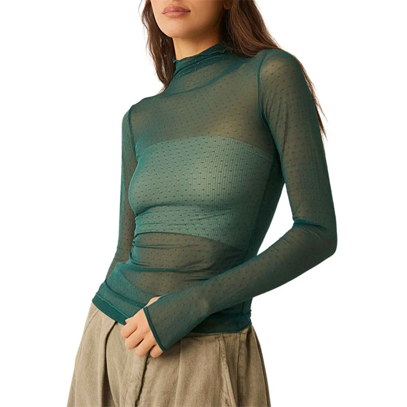 Y2K Swiss Dot Sheer Turtleneck Mesh Top - Sexy Clubwear & Party Outfit