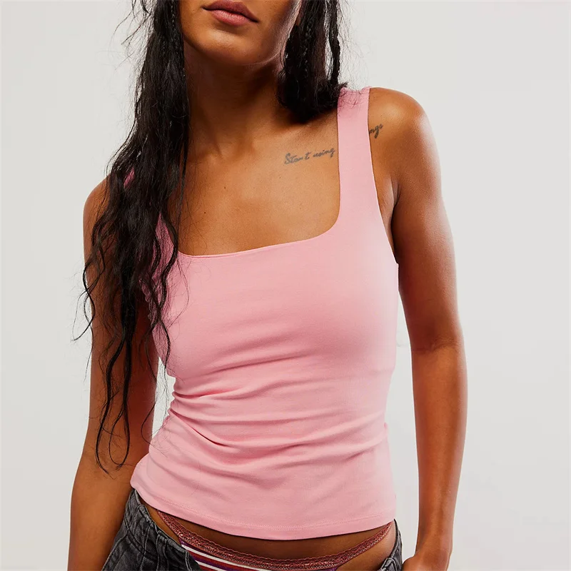 Y2K Tank Tops - Solid Color Square Collar Sleeveless T-Shirt for Women