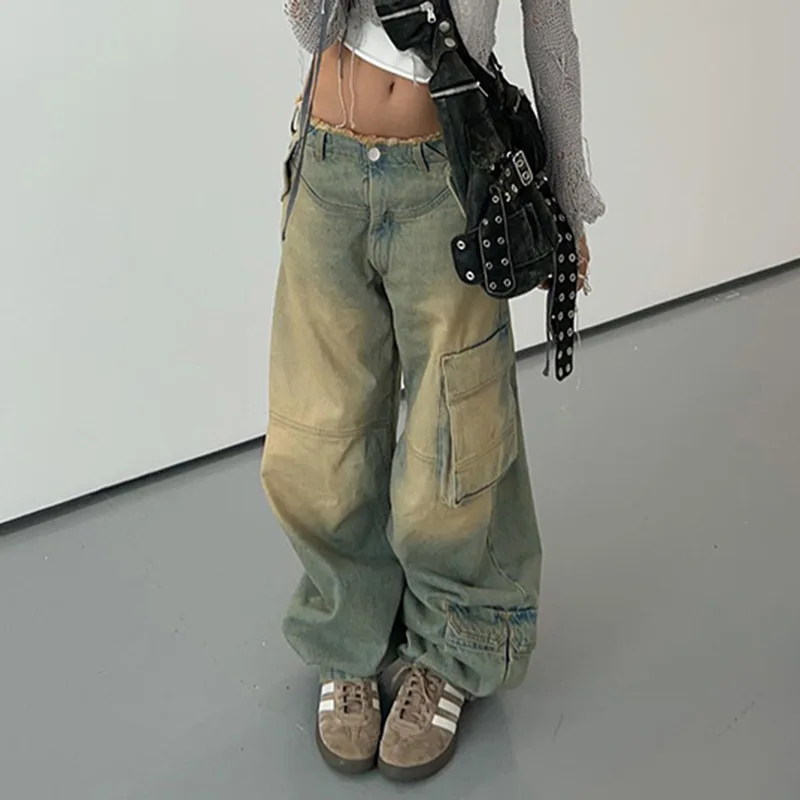 Y2K Tie Dye Cargo Jeans - Big Pockets Low Waisted Baggy Trousers - Streetwear Aesthetic