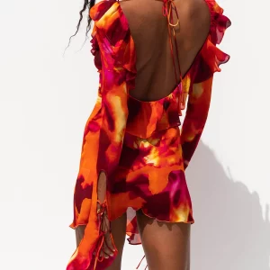 Y2K Tie-Dye Deep V-Neck Bodycon Dress with Ruffles - Backless Cocktail Party Club Outfit