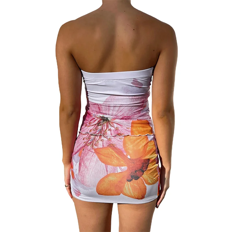 Y2K Tie-Dye Floral Print Asymmetrical Tube Top and Skirt Set - Clubwear