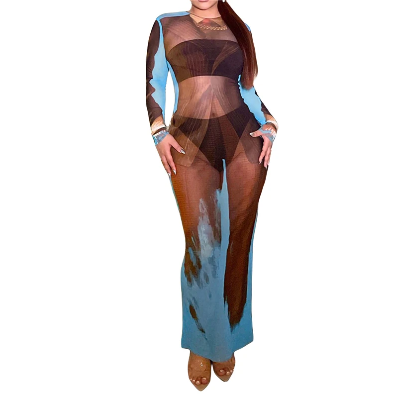 Y2K Tie Dye Print Sheer Backless Long Dress - Women's Party Club Outfit