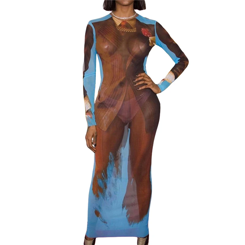 Y2K Tie Dye Print Sheer Backless Long Dress - Women's Party Club Outfit