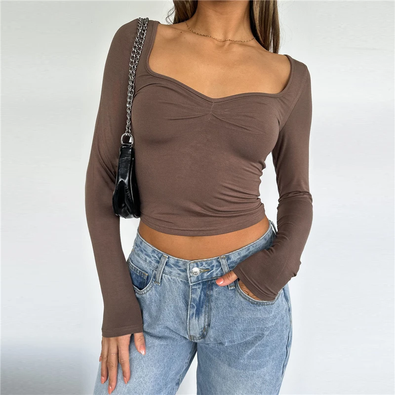 Y2K Tops for Women - Casual Solid Color Slim Fit Low Cut Long Sleeve T-Shirts