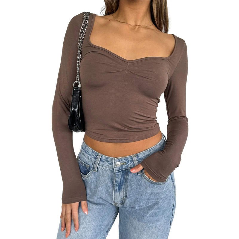 Y2K Tops for Women - Casual Solid Color Slim Fit Low Cut Long Sleeve T-Shirts