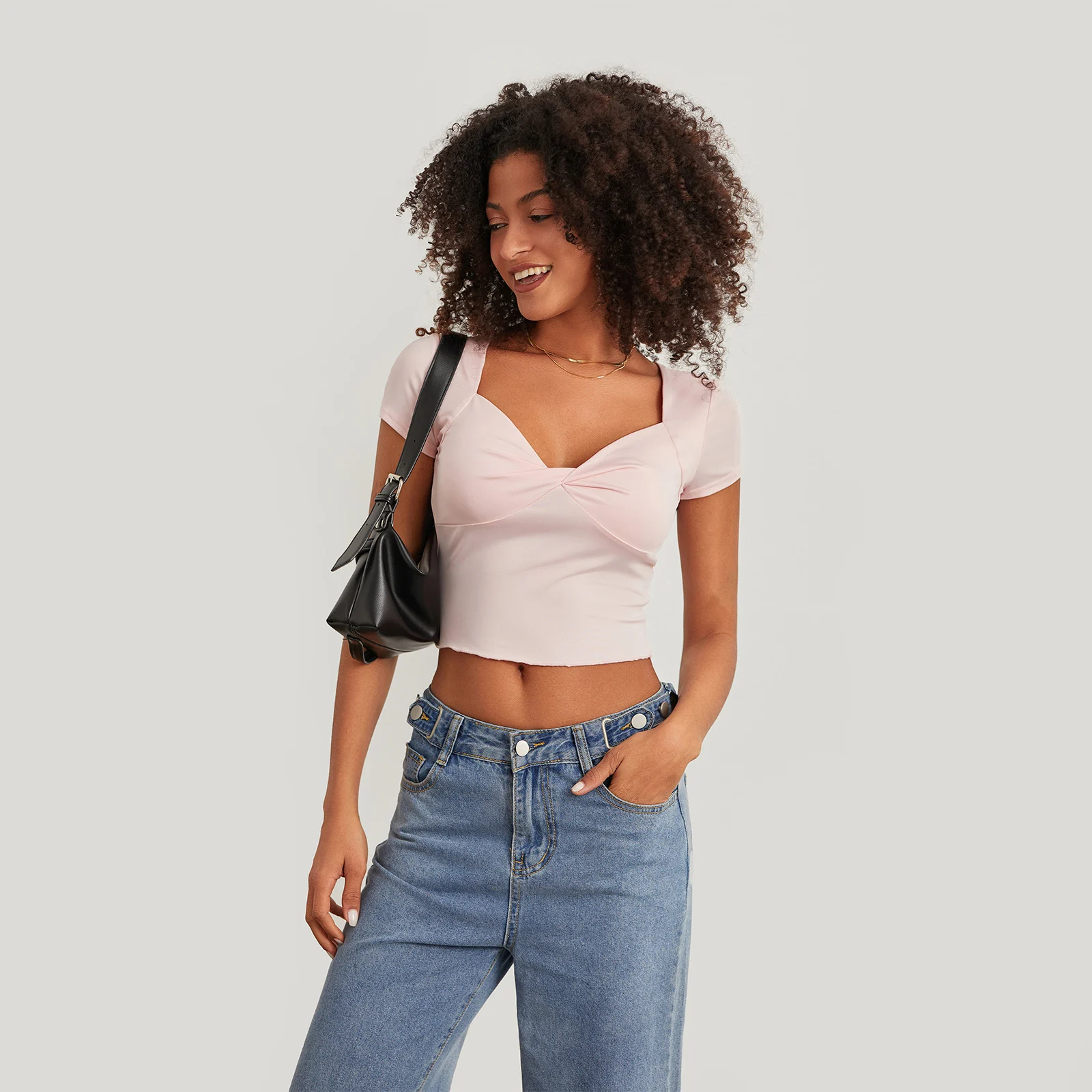 Y2K Twist Crop Top - Solid Color Short Sleeve Low-cut Tee