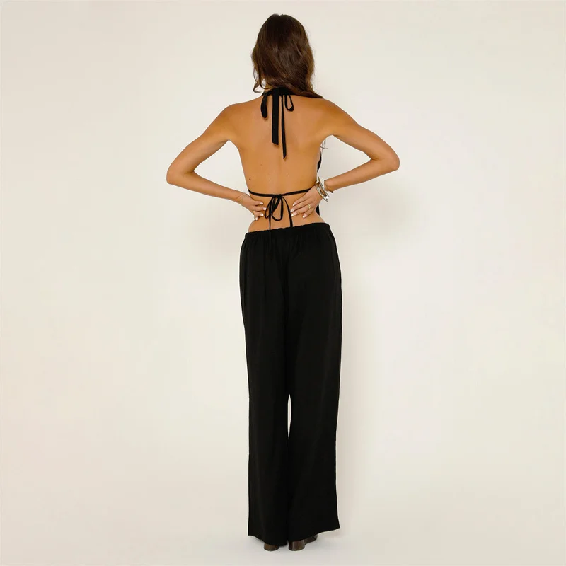 Y2K Two-Piece Set: Summer Halter Top & Wide Leg Pants - Streetwear Fashion