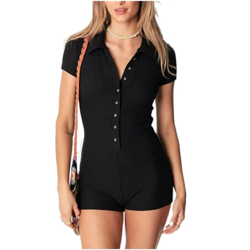 Y2K V-Neck Button Bodysuit - Black Solid Short Sleeve Playsuit