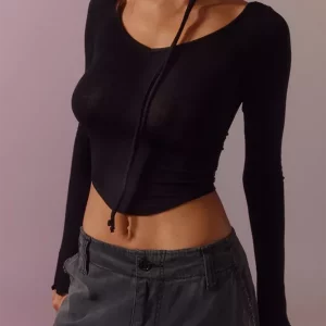 Y2K V-Neck Long Sleeve Ribbed Crop Top - Black & White