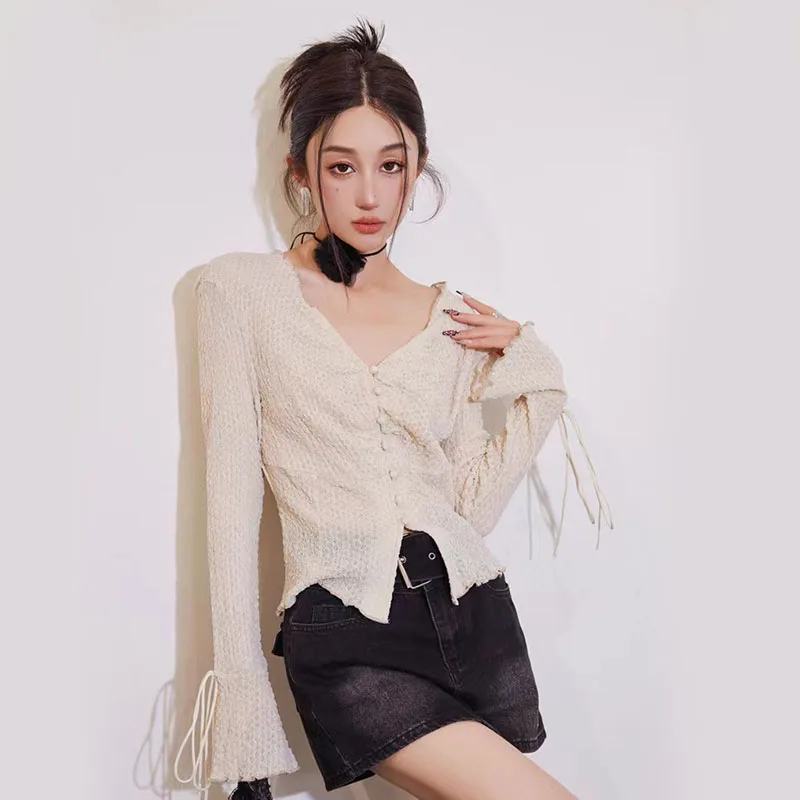 Y2K V-Neck Solid Streetwear Top - Slim Fit Long Sleeve Blouse