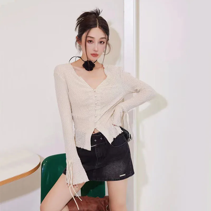 Y2K V-Neck Solid Streetwear Top - Slim Fit Long Sleeve Blouse