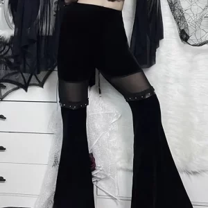 Y2K Velvet Pants Gothic Mesh Patchwork Grunge Streetwear Vintage Black E Girl Leg Belted Flared