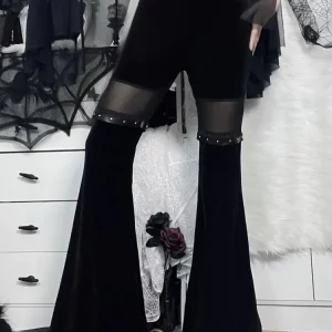 Y2K Velvet Pants Gothic Mesh Patchwork Grunge Streetwear Vintage Black E Girl Leg Belted Flared