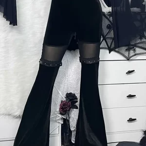 Y2K Velvet Pants Gothic Mesh Patchwork Grunge Streetwear Vintage Black E Girl Leg Belted Flared