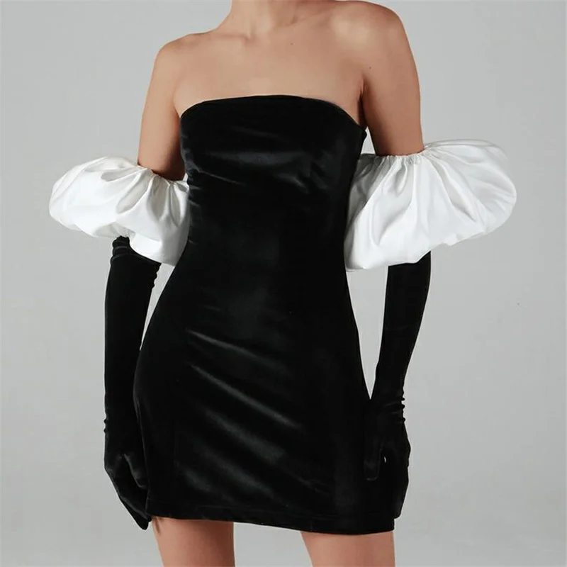 Y2K Velvet Puff Sleeve Off-Shoulder Bodycon Mini Dress with Gloves