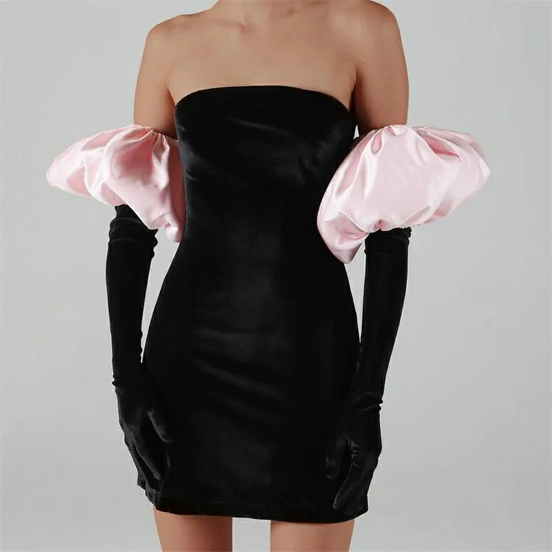 Y2K Velvet Puff Sleeve Off-Shoulder Bodycon Mini Dress with Gloves