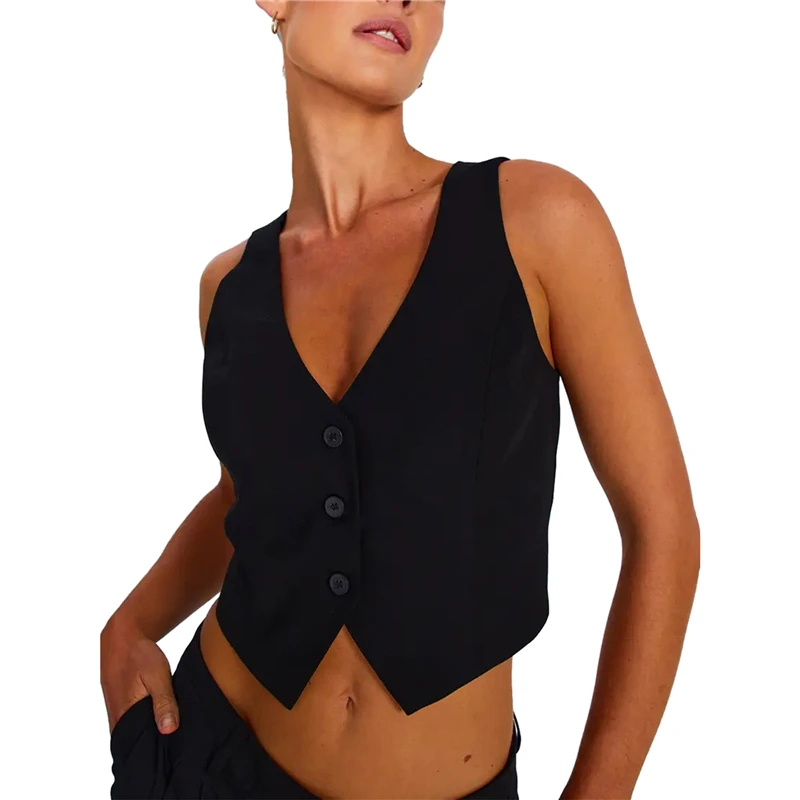 Y2K Vest Waistcoat: Solid Color Slim Fit V Neck Sleeveless Crop Top Outwear