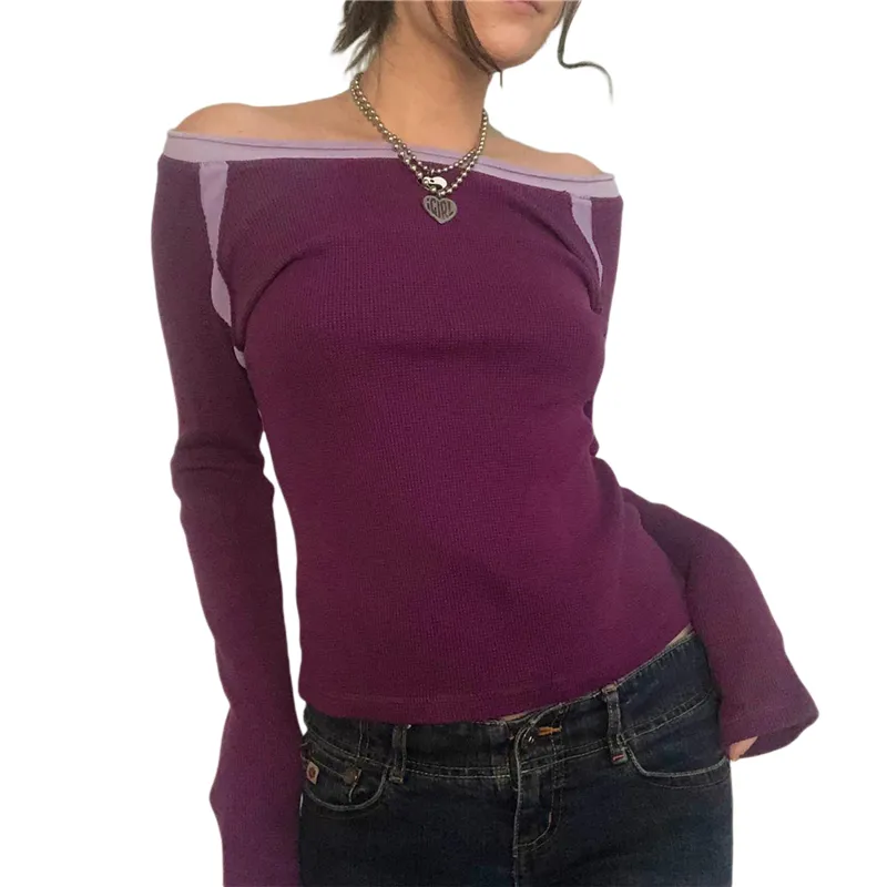 Y2K Vintage Aesthetic Fairy Grunge Top: Patchwork Off-Shoulder Long Sleeve Shirt