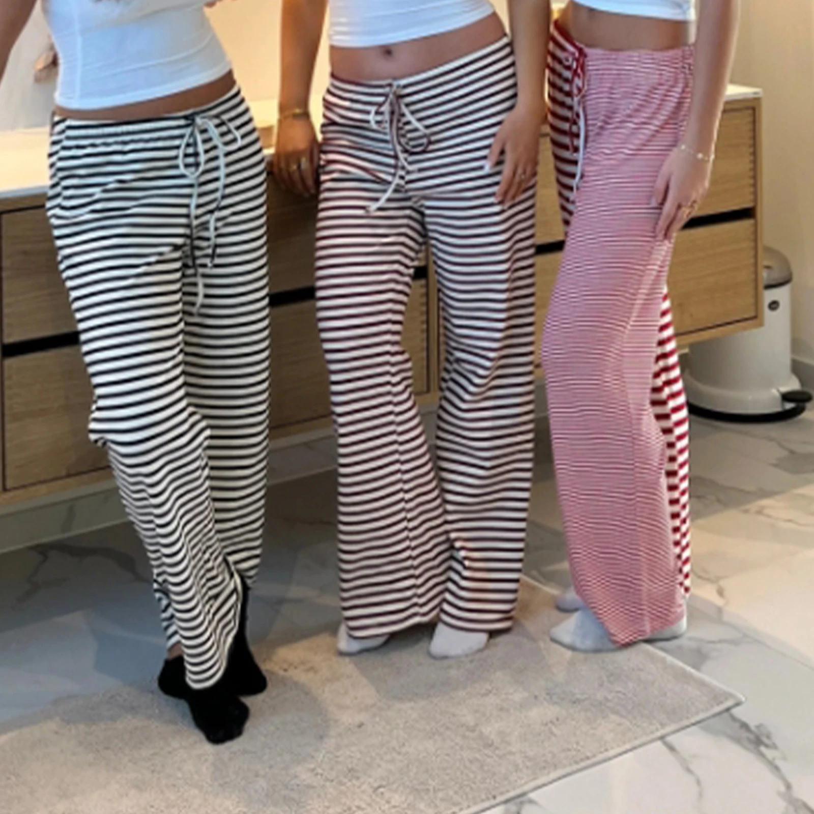 Y2K Vintage Aesthetic Striped Drawstring Sweatpants - Women's Casual Bottoms