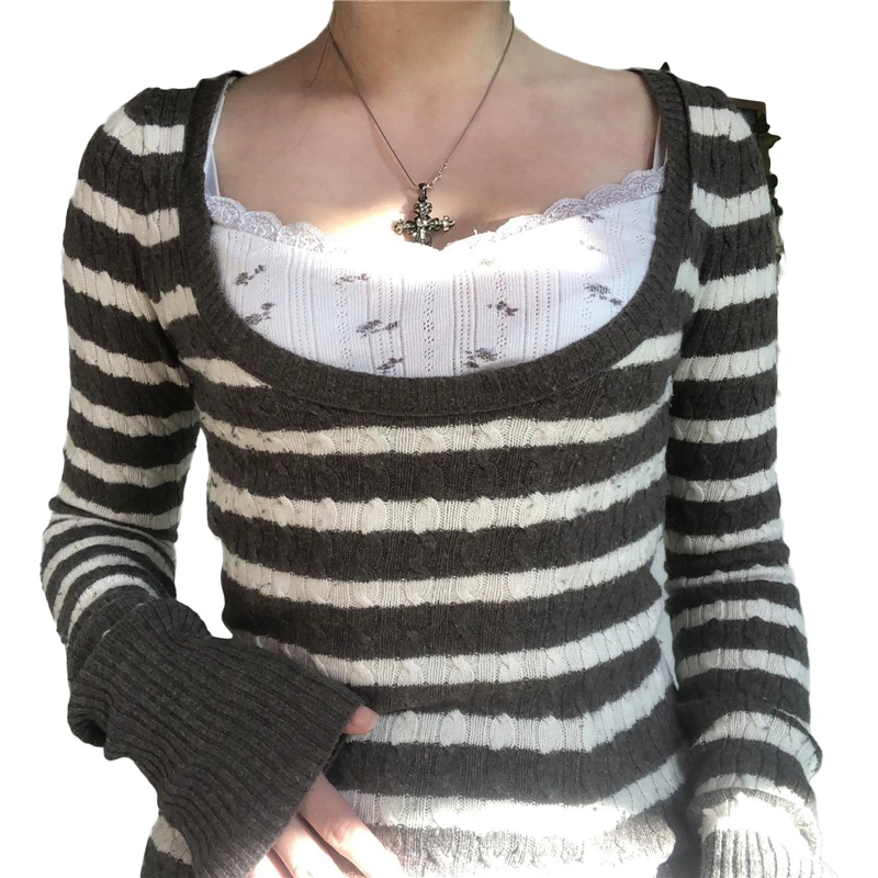 Y2K Vintage Aesthetic Striped Sweater - Fairycore Long Sleeve Top