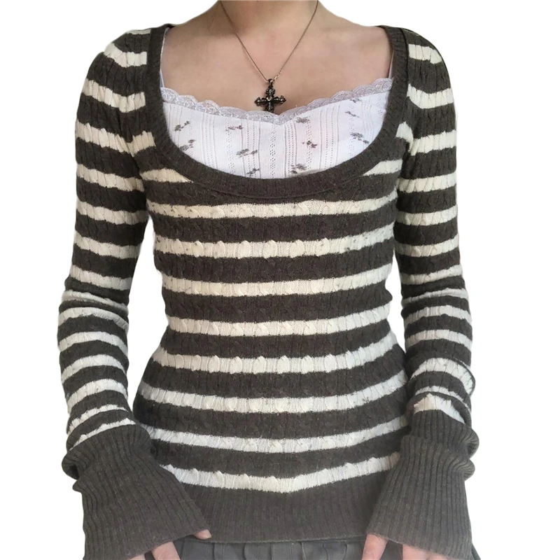 Y2K Vintage Aesthetic Striped Sweater - Fairycore Long Sleeve Top