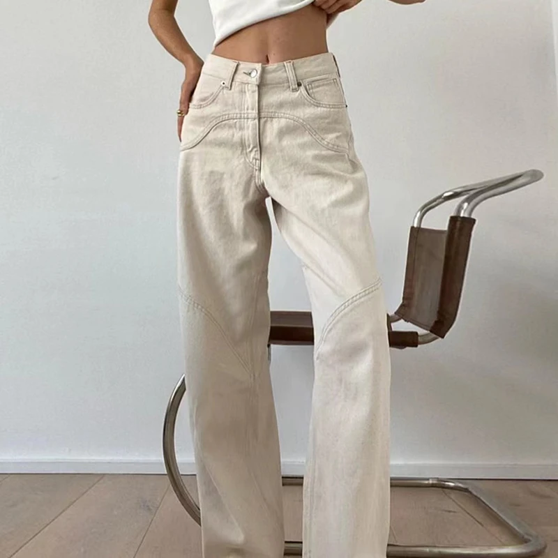 Y2K Vintage Beige High Waist Straight Jeans - Summer Casual Denim Streetwear