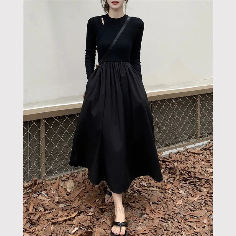 Y2K Vintage Black Knitted Midi Dress - Retro Grunge Style O-Neck Slim A-Line Dress