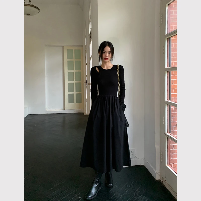 Y2K Vintage Black Knitted Midi Dress - Retro Grunge Style O-Neck Slim A-Line Dress