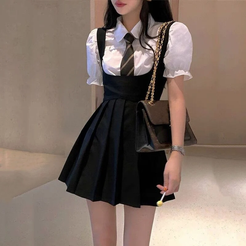 Y2K Vintage Black Pleated Mini Dress - Preppy Style Strap Dress - Kawaii Korean Fashion