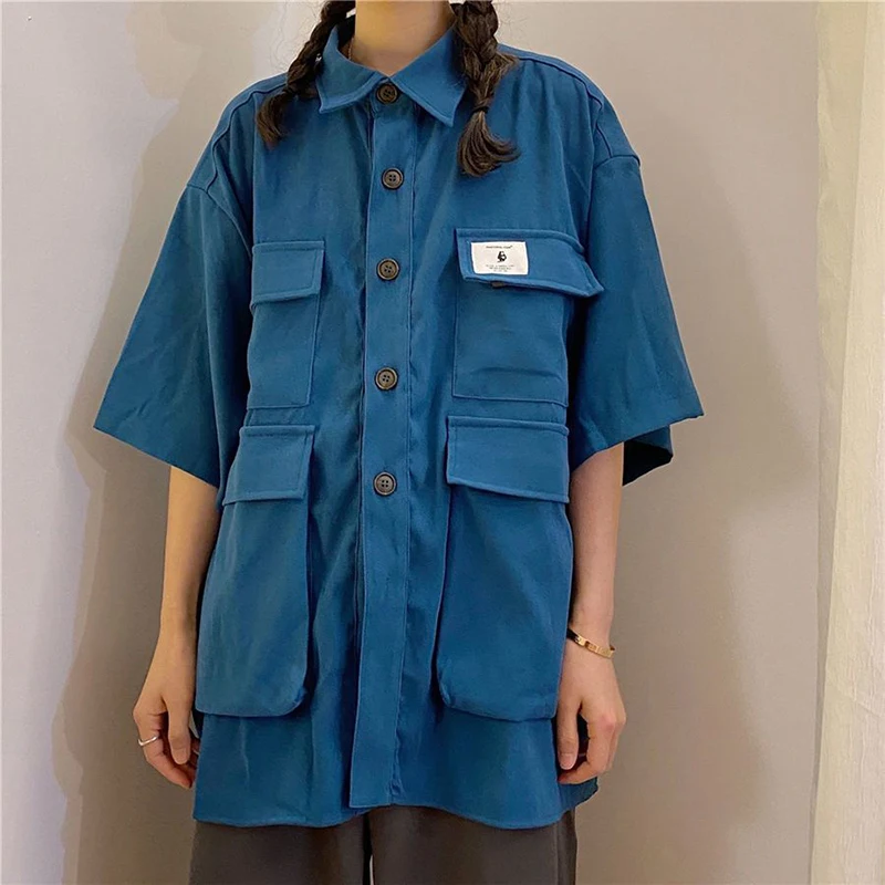 Y2K Vintage Blue Cargo Style Women's Shirt - Streetwear Fashion with Multiple Pockets