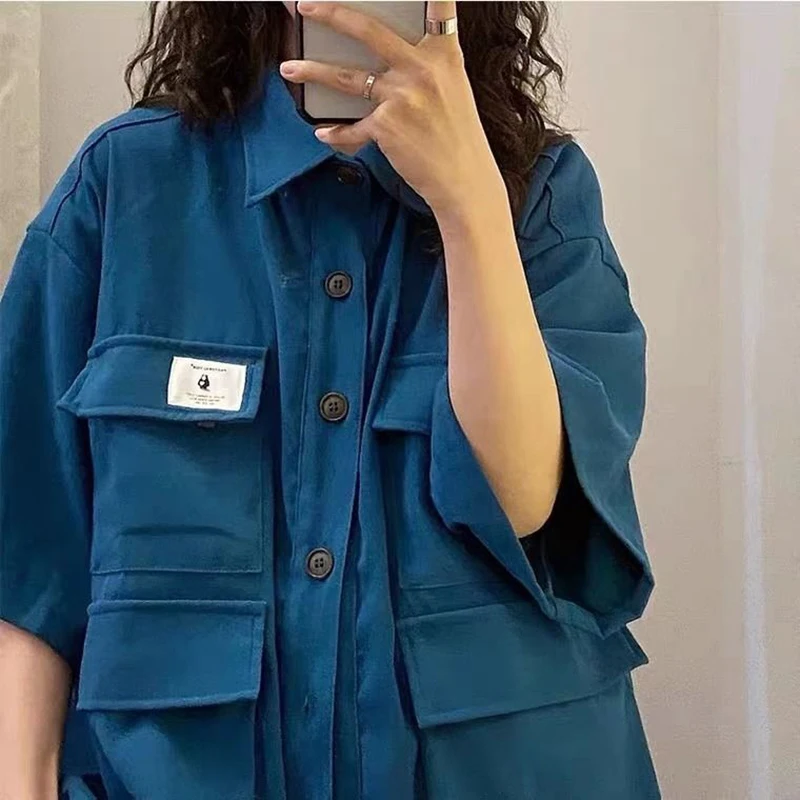 Y2K Vintage Blue Cargo Style Women's Shirt - Streetwear Fashion with Multiple Pockets