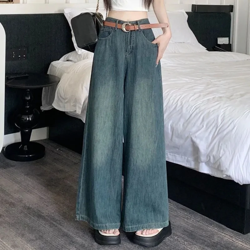 Y2K Vintage Blue Wide Leg Jeans with Belt - High Waist Loose Denim Trousers