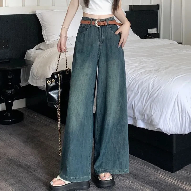 Y2K Vintage Blue Wide Leg Jeans with Belt - High Waist Loose Denim Trousers