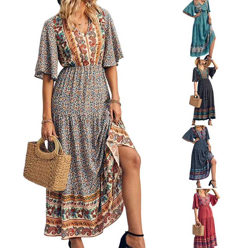 Y2K Vintage Boho Dress: Short Sleeve V-Neck Elegant Holiday Outfit