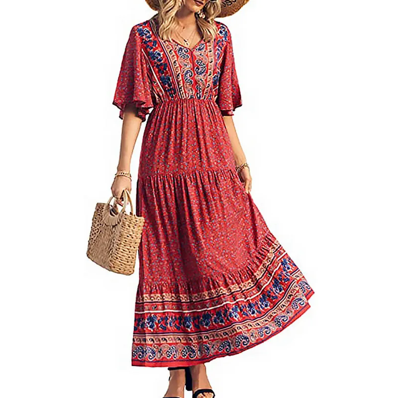 Y2K Vintage Boho Dress: Short Sleeve V-Neck Elegant Holiday Outfit