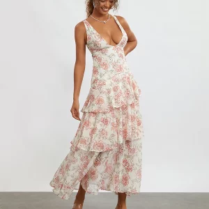 Y2K Vintage Boho Floral Deep V-Neck Ruffle Hem Dress